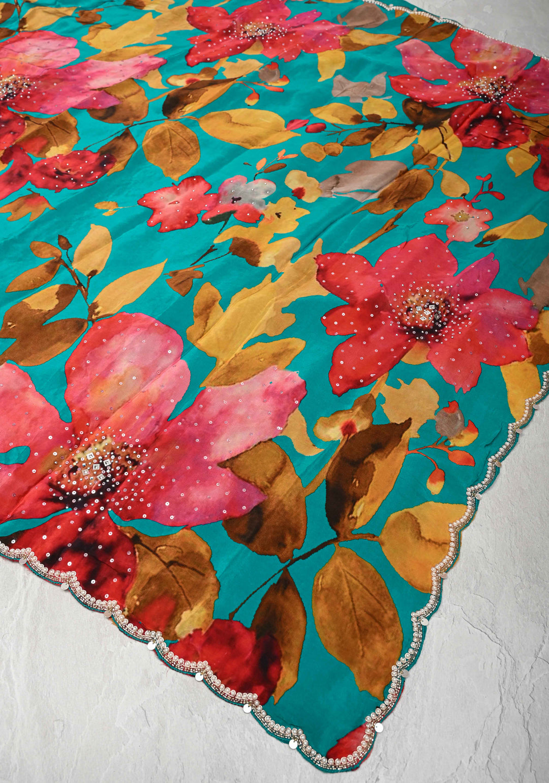 Aqua Blue Floral Digital Print on Glossy Chinon Saree with Sequins and Cutdana-Moti Scallop Border