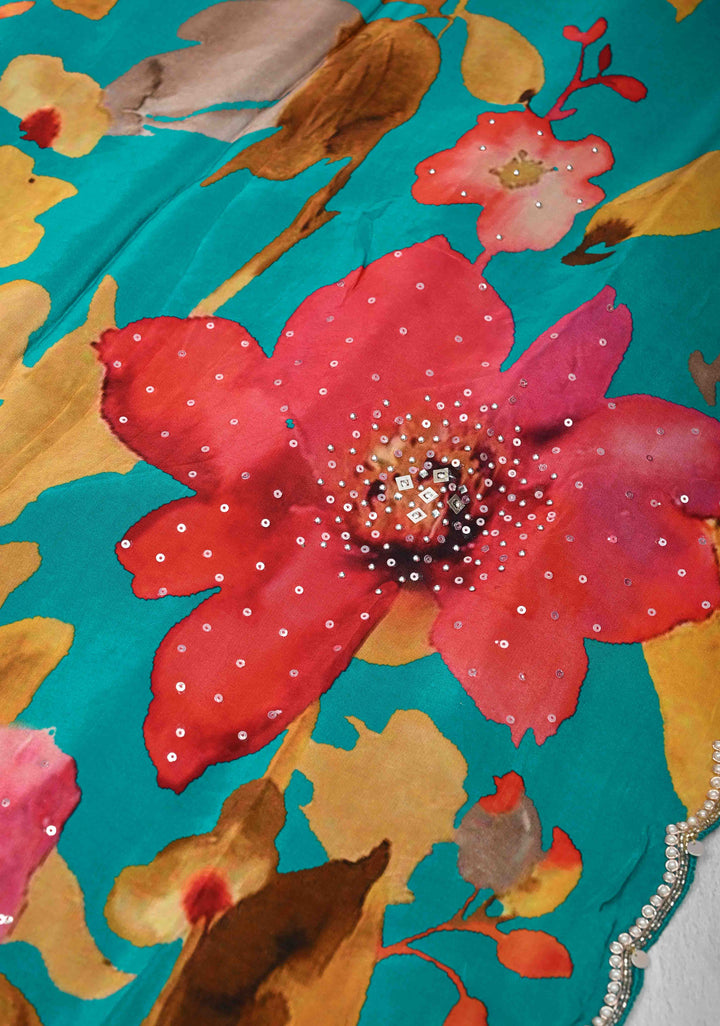 Aqua Blue Floral Digital Print on Glossy Chinon Saree with Sequins and Cutdana-Moti Scallop Border
