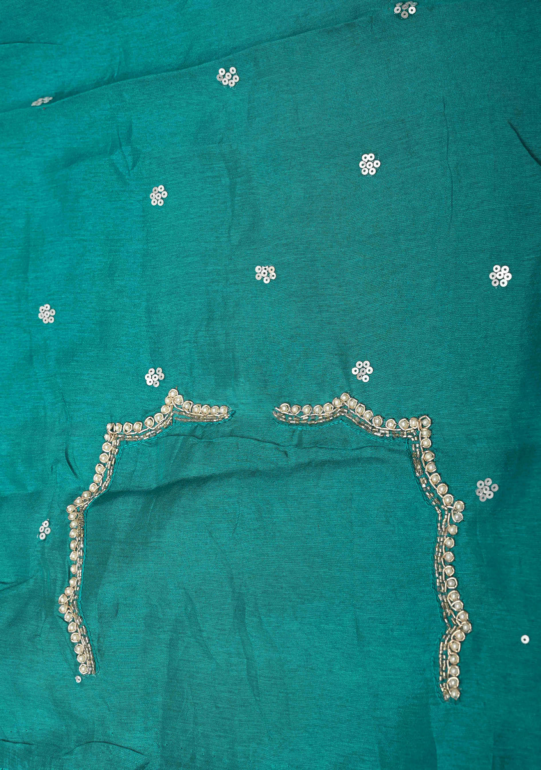 Aqua Blue Floral Digital Print on Glossy Chinon Saree with Sequins and Cutdana-Moti Scallop Border