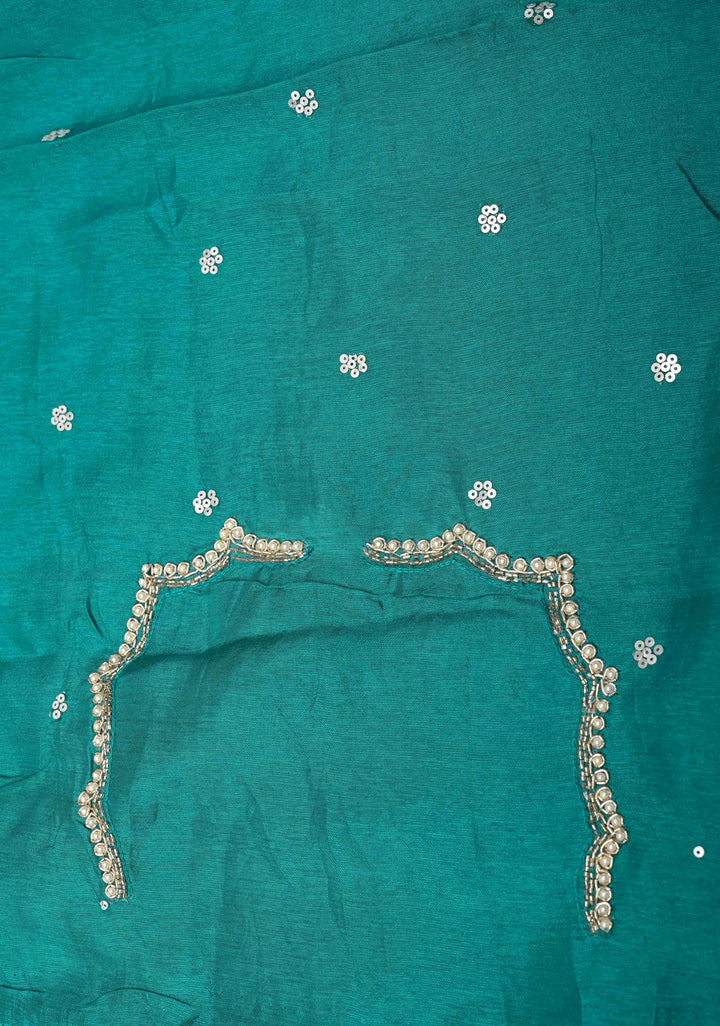 Aqua Blue Floral Digital Print on Glossy Chinon Saree with Sequins and Cutdana-Moti Scallop Border