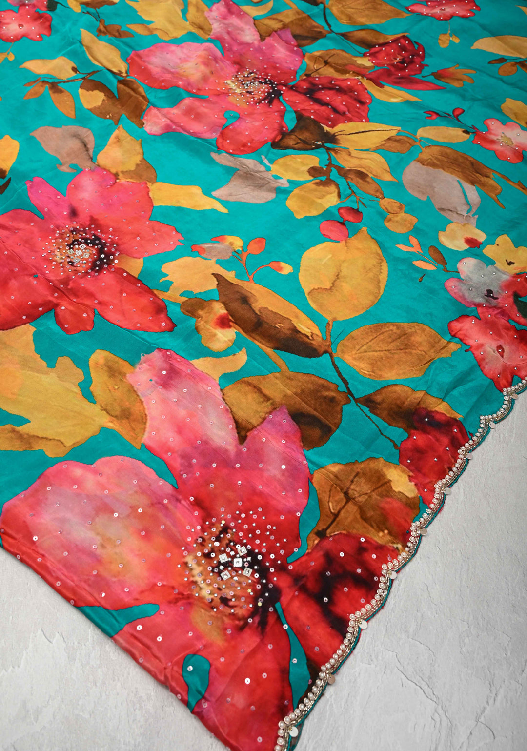 Aqua Blue Floral Digital Print on Glossy Chinon Saree with Sequins and Cutdana-Moti Scallop Border