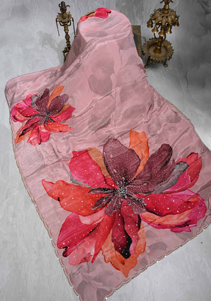 Dusty Pink Floral Digital Print on Glossy Chinon Saree with Sequins and Cutdana-Moti Scallop Border
