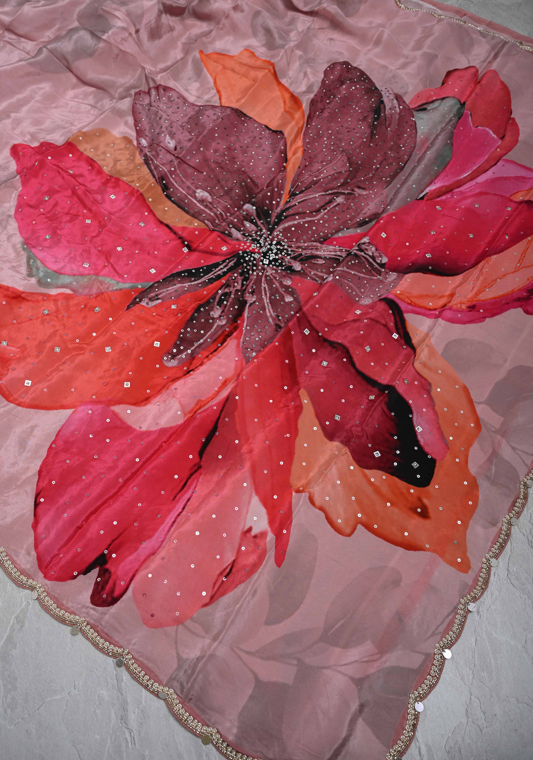 Dusty Pink Floral Digital Print on Glossy Chinon Saree with Sequins and Cutdana-Moti Scallop Border