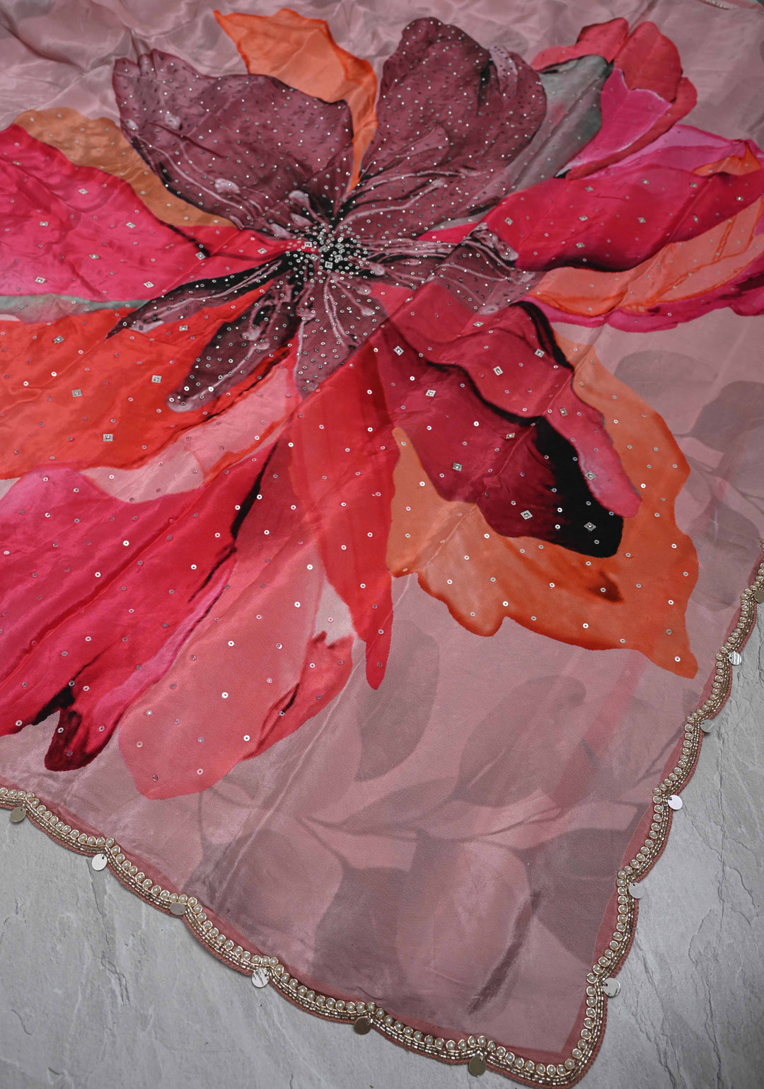 Dusty Pink Floral Digital Print on Glossy Chinon Saree with Sequins and Cutdana-Moti Scallop Border