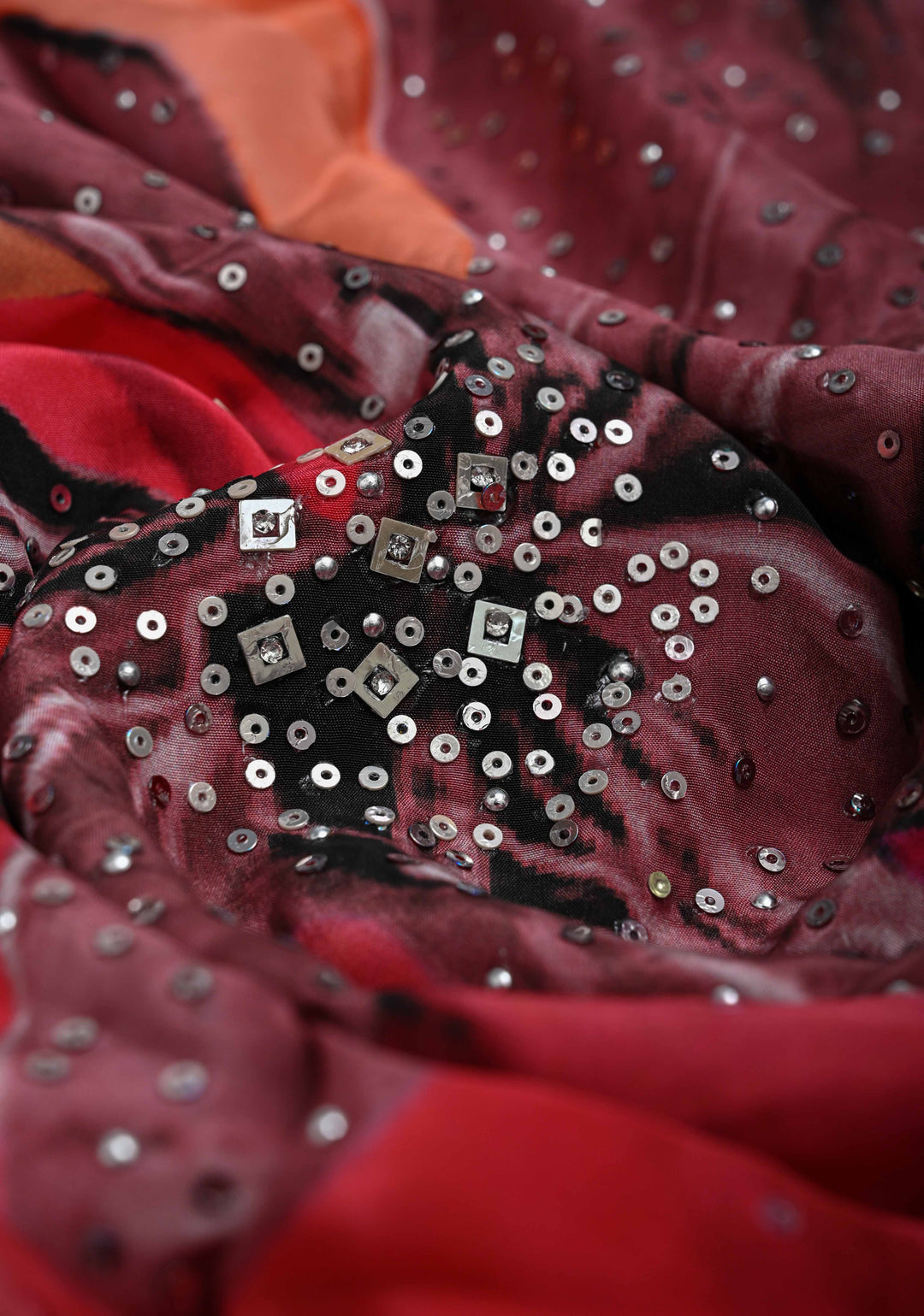 Dusty Pink Floral Digital Print on Glossy Chinon Saree with Sequins and Cutdana-Moti Scallop Border