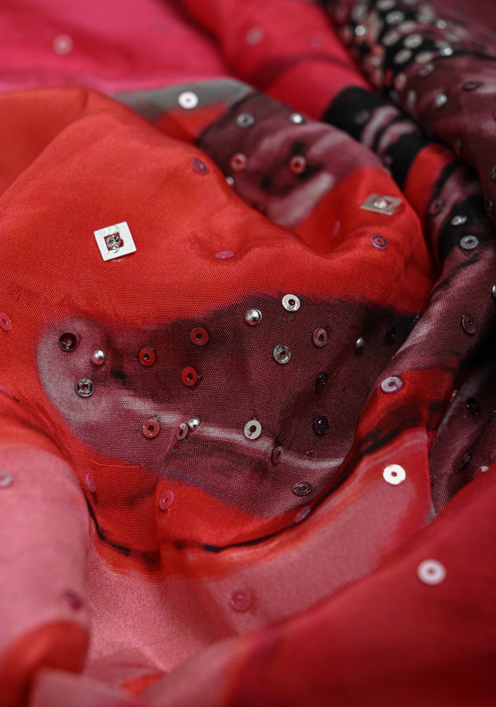 Dusty Pink Floral Digital Print on Glossy Chinon Saree with Sequins and Cutdana-Moti Scallop Border