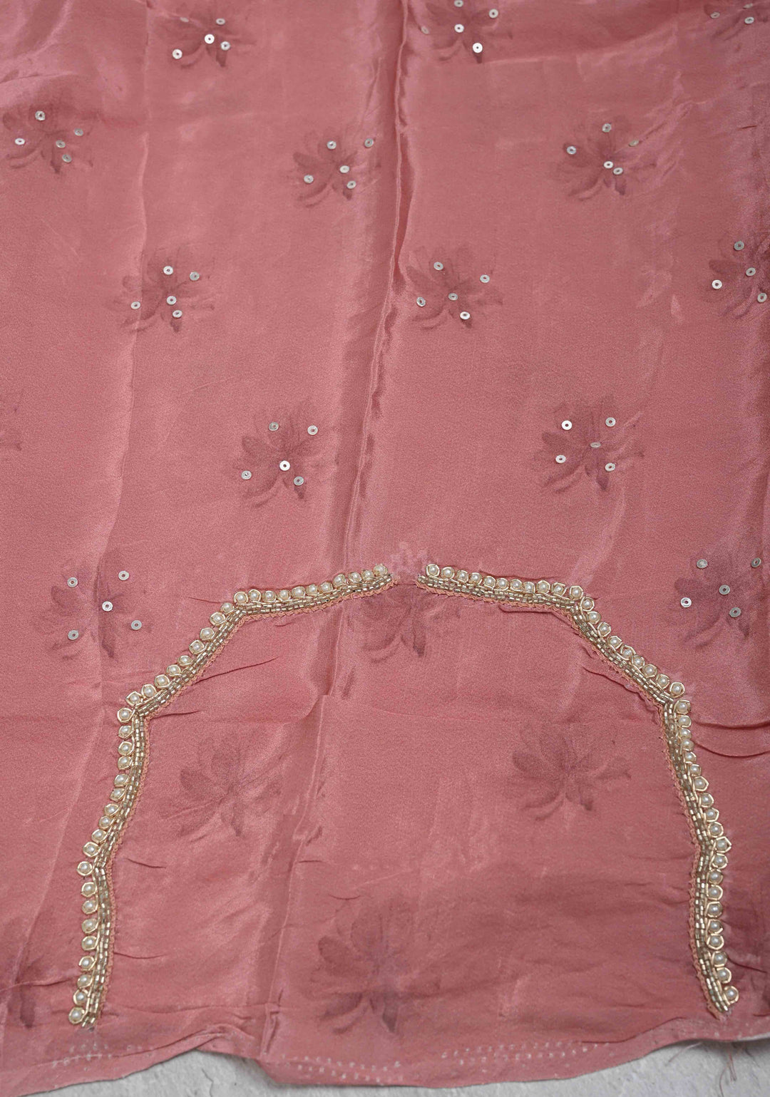 Dusty Pink Floral Digital Print on Glossy Chinon Saree with Sequins and Cutdana-Moti Scallop Border