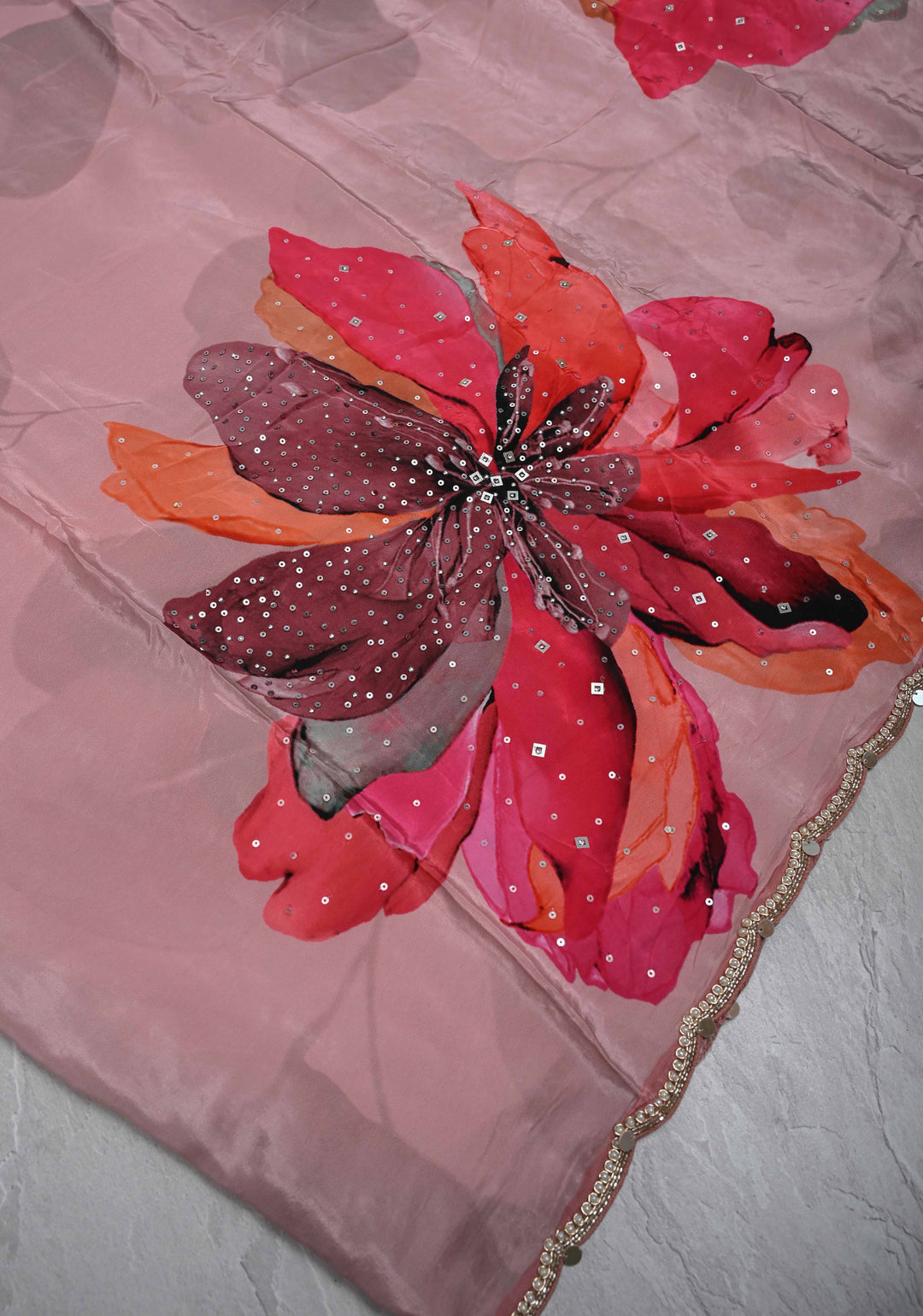 Dusty Pink Floral Digital Print on Glossy Chinon Saree with Sequins and Cutdana-Moti Scallop Border
