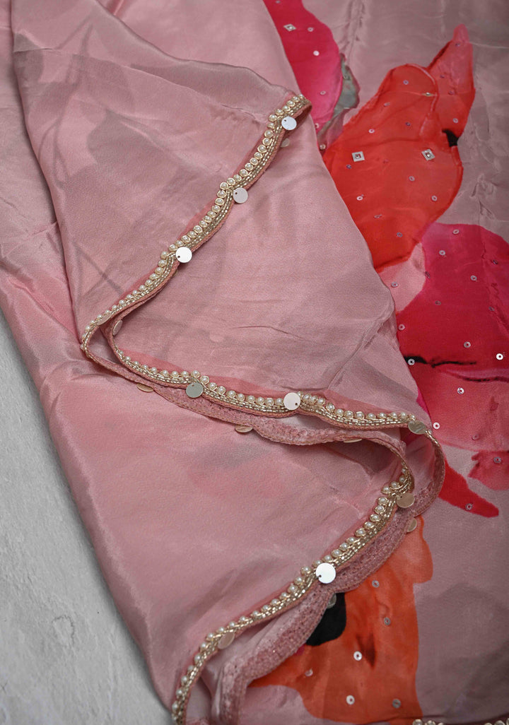 Dusty Pink Floral Digital Print on Glossy Chinon Saree with Sequins and Cutdana-Moti Scallop Border
