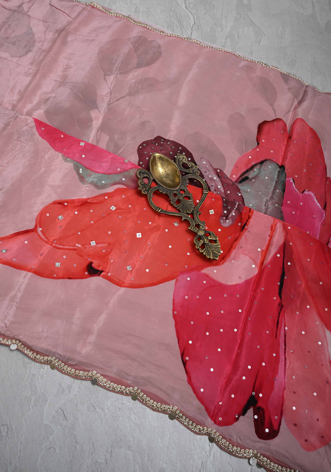 Dusty Pink Floral Digital Print on Glossy Chinon Saree with Sequins and Cutdana-Moti Scallop Border
