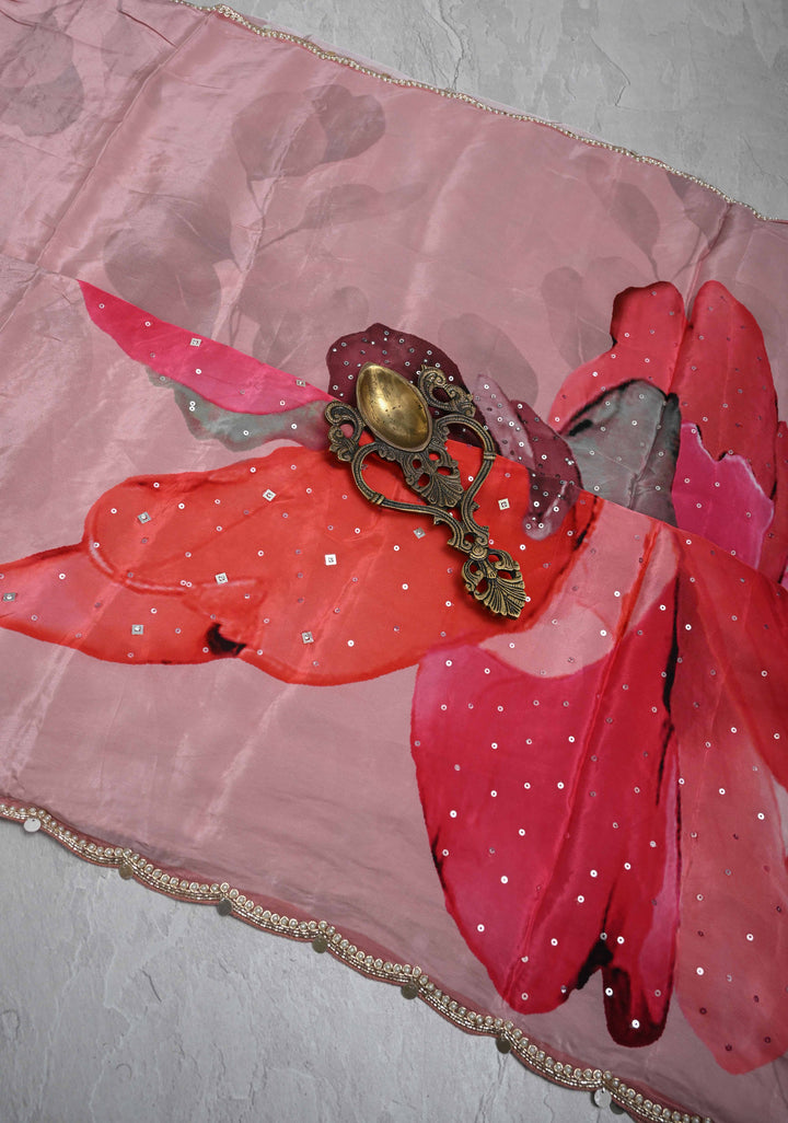 Dusty Pink Floral Digital Print on Glossy Chinon Saree with Sequins and Cutdana-Moti Scallop Border