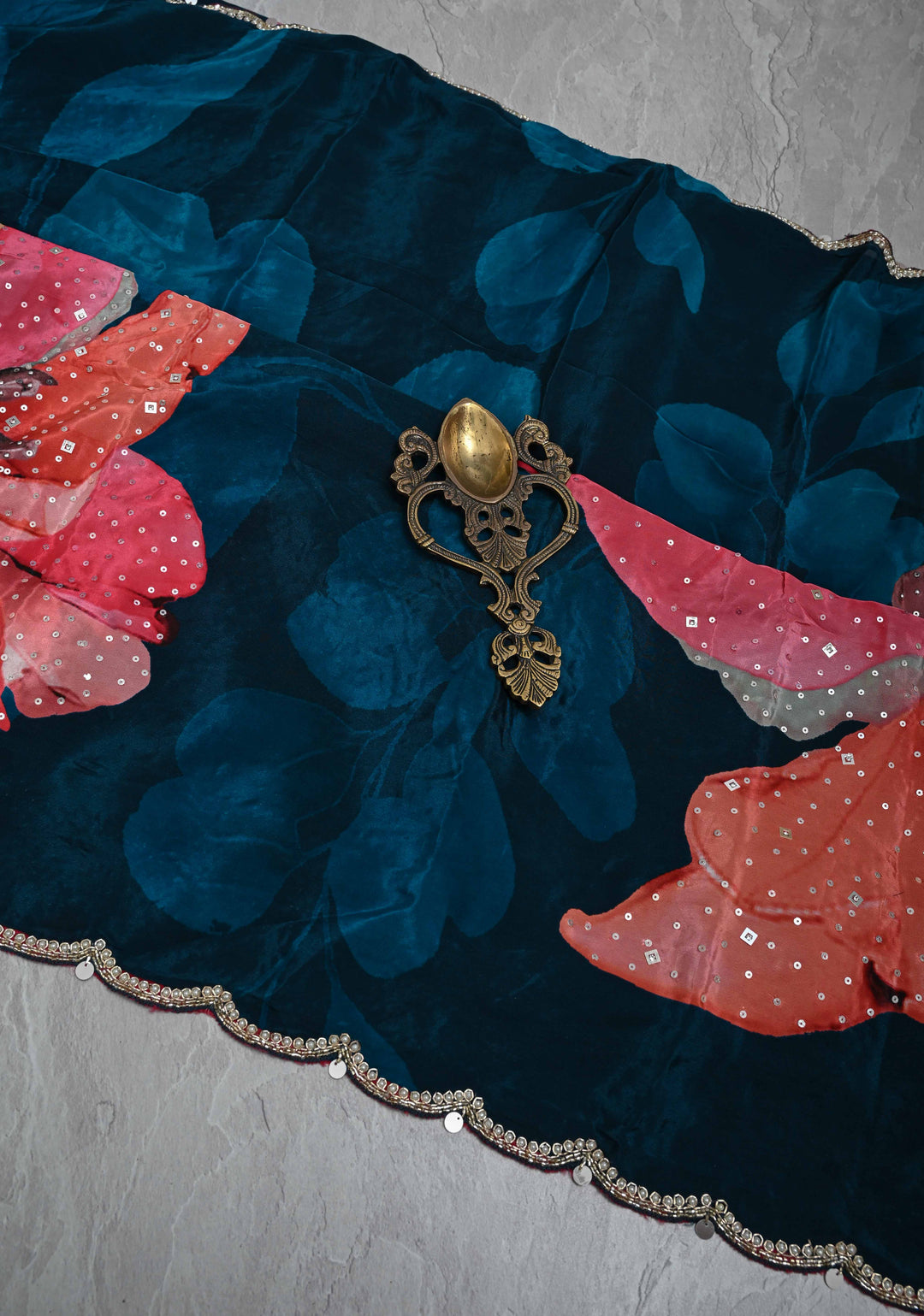 Midnight Blue Floral Digital Print on Glossy Chinon Saree with Sequins and Cutdana-Moti Scallop Border