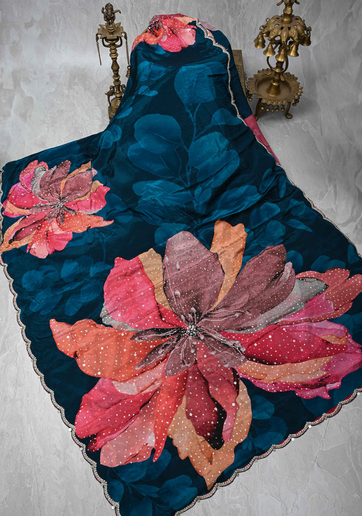 Midnight Blue Floral Digital Print on Glossy Chinon Saree with Sequins and Cutdana-Moti Scallop Border