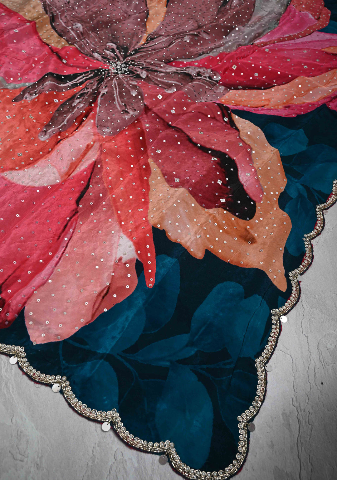 Midnight Blue Floral Digital Print on Glossy Chinon Saree with Sequins and Cutdana-Moti Scallop Border