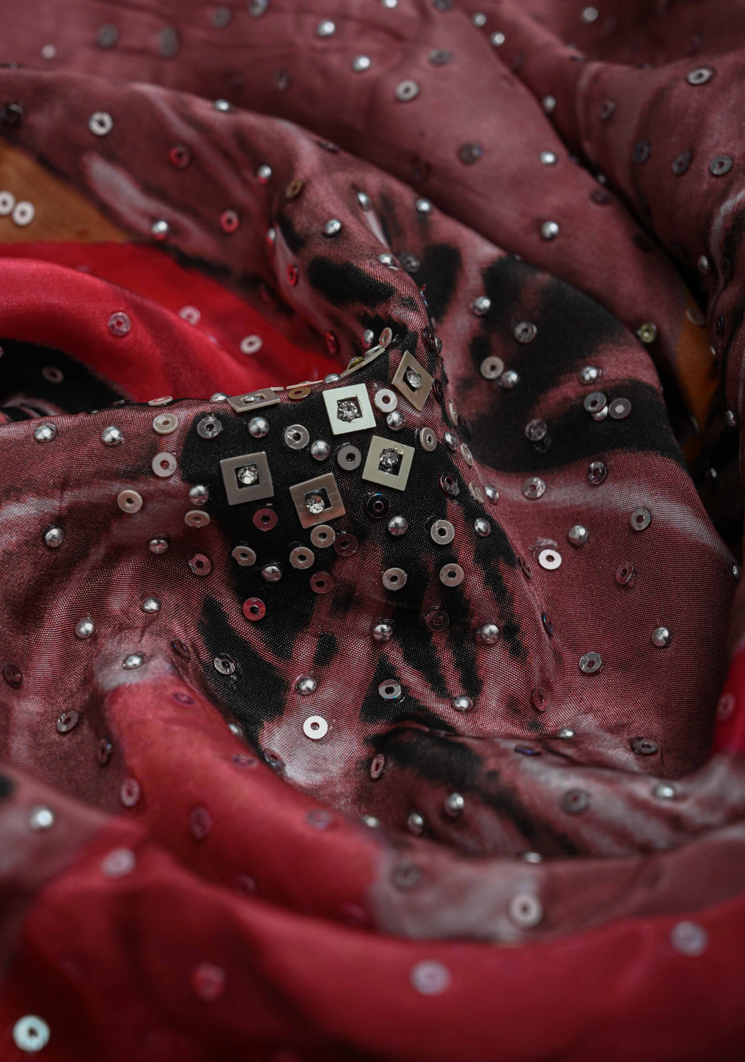 Midnight Blue Floral Digital Print on Glossy Chinon Saree with Sequins and Cutdana-Moti Scallop Border