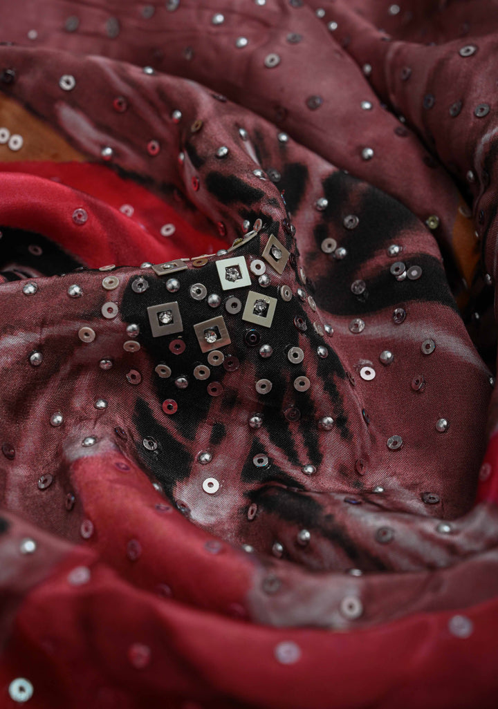 Midnight Blue Floral Digital Print on Glossy Chinon Saree with Sequins and Cutdana-Moti Scallop Border