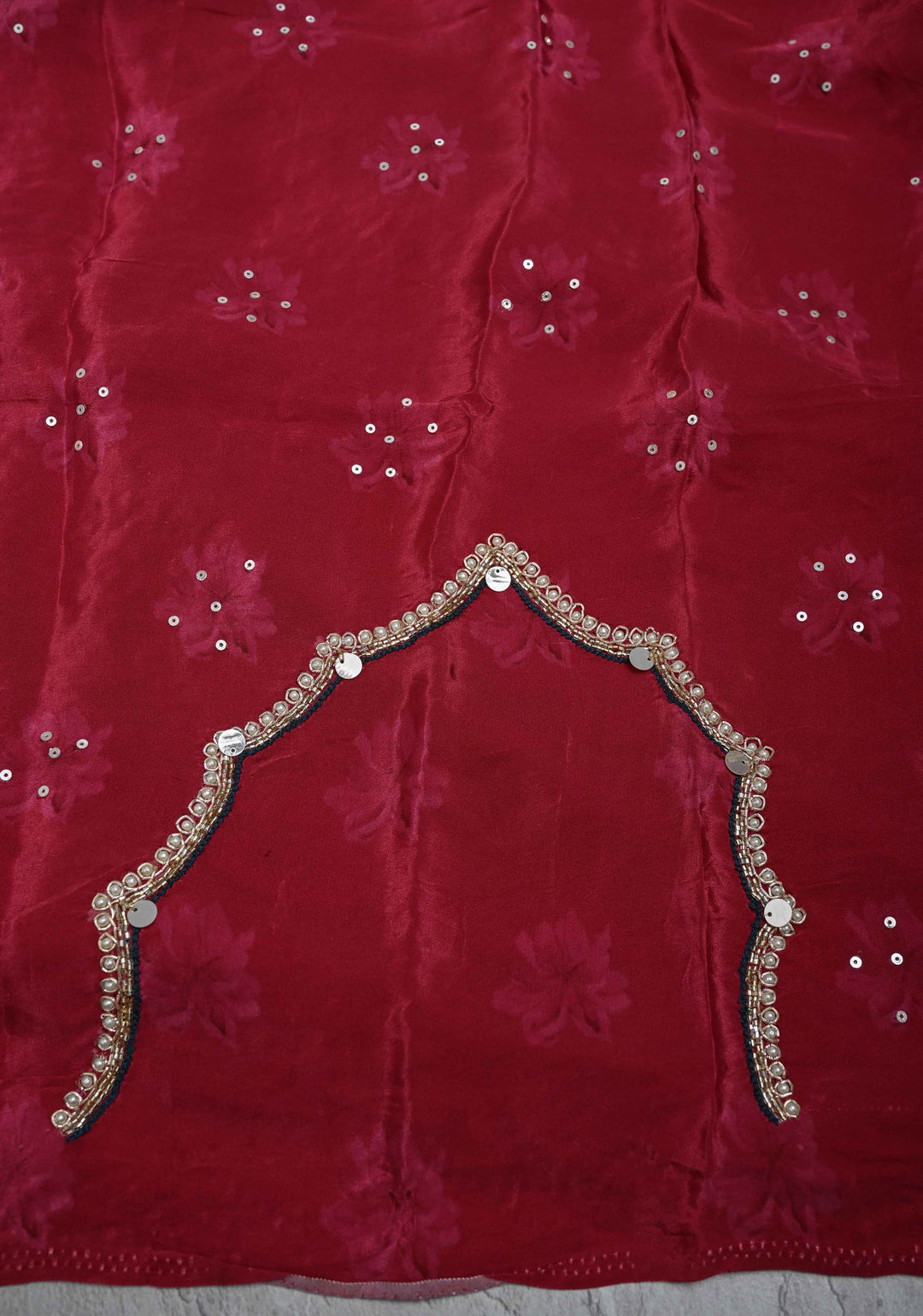 Midnight Blue Floral Digital Print on Glossy Chinon Saree with Sequins and Cutdana-Moti Scallop Border