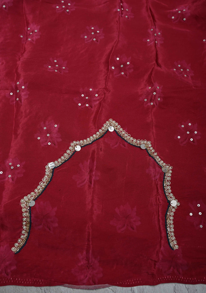 Midnight Blue Floral Digital Print on Glossy Chinon Saree with Sequins and Cutdana-Moti Scallop Border
