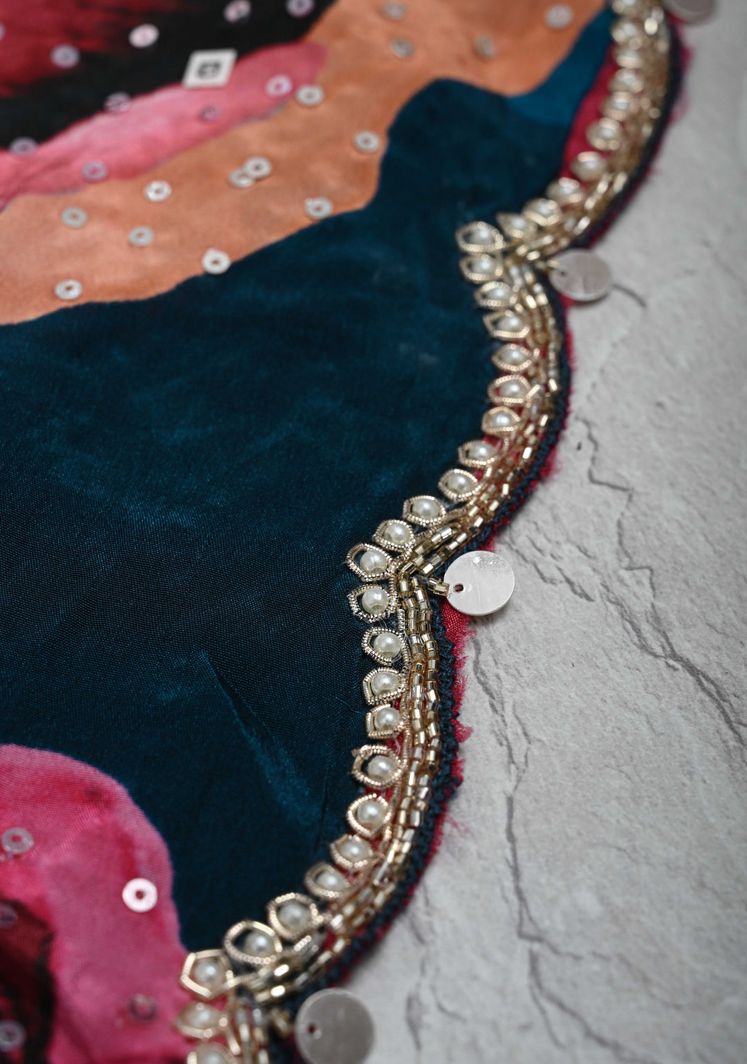 Midnight Blue Floral Digital Print on Glossy Chinon Saree with Sequins and Cutdana-Moti Scallop Border