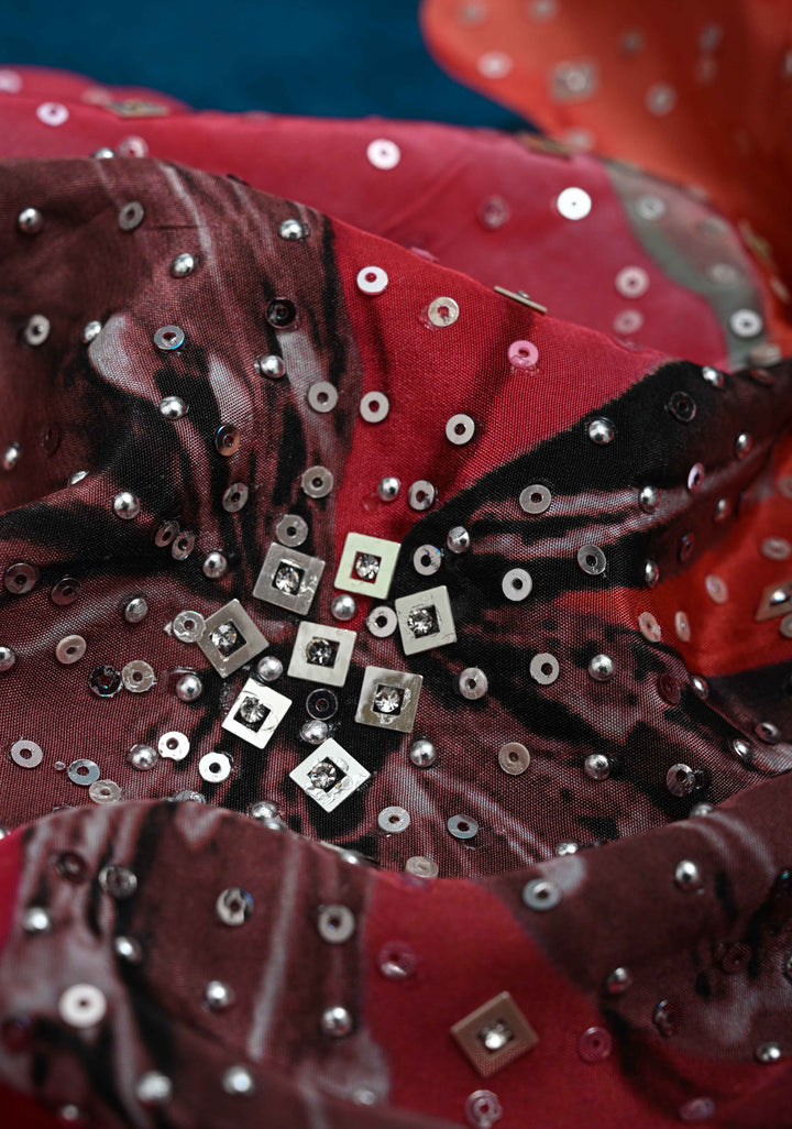 Midnight Blue Floral Digital Print on Glossy Chinon Saree with Sequins and Cutdana-Moti Scallop Border
