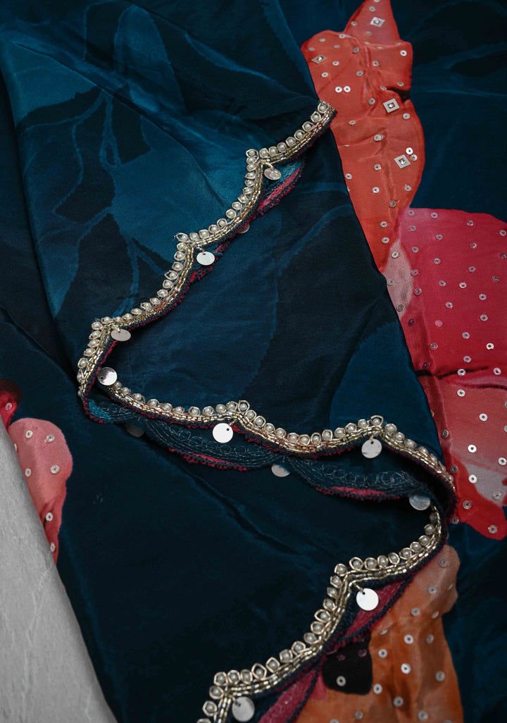 Midnight Blue Floral Digital Print on Glossy Chinon Saree with Sequins and Cutdana-Moti Scallop Border