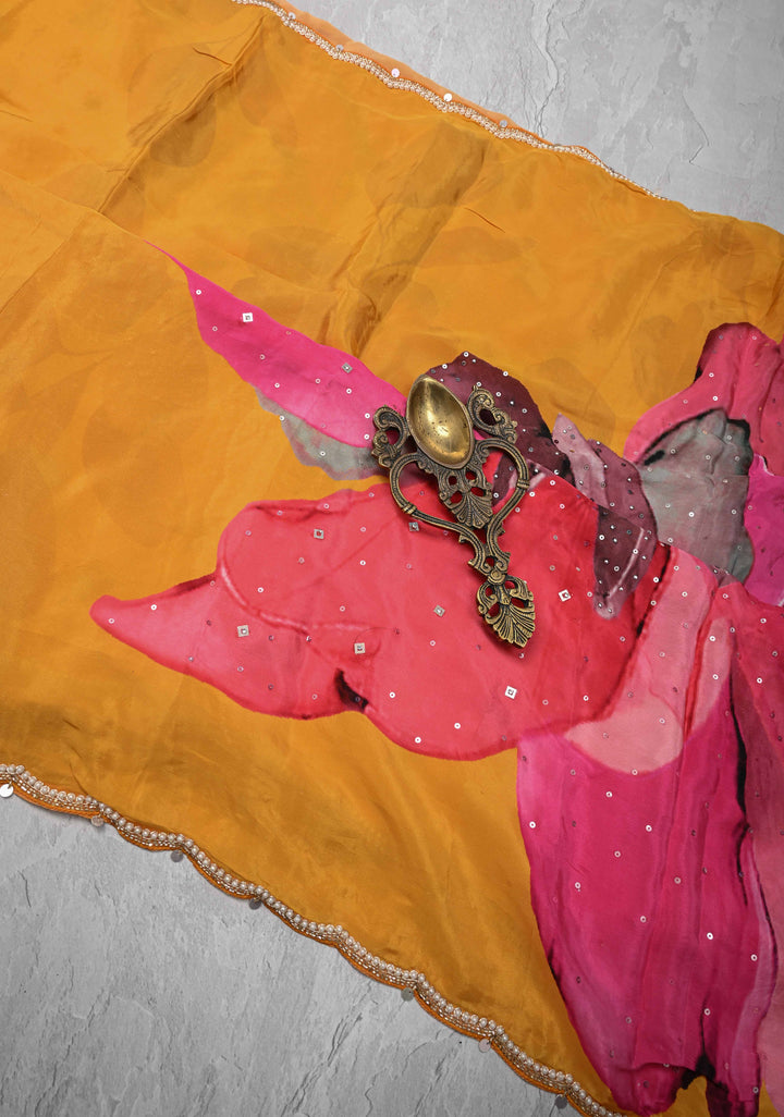 Mustard Yellow Floral Digital Print on Glossy Chinon Saree with Sequins and Cutdana-Moti Scallop Border