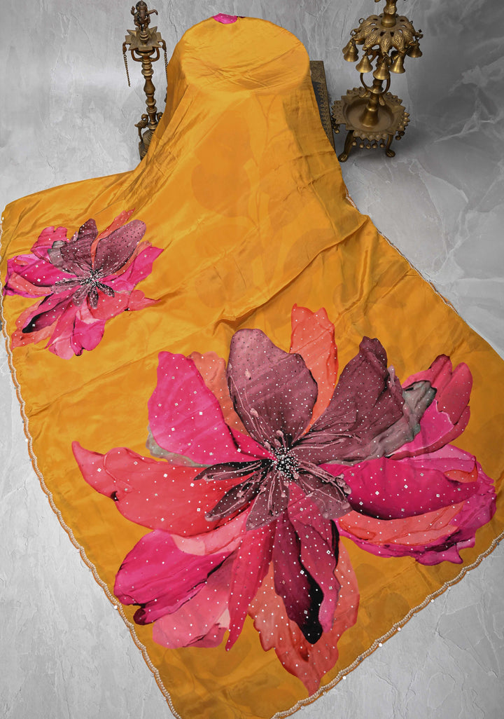 Mustard Yellow Floral Digital Print on Glossy Chinon Saree with Sequins and Cutdana-Moti Scallop Border