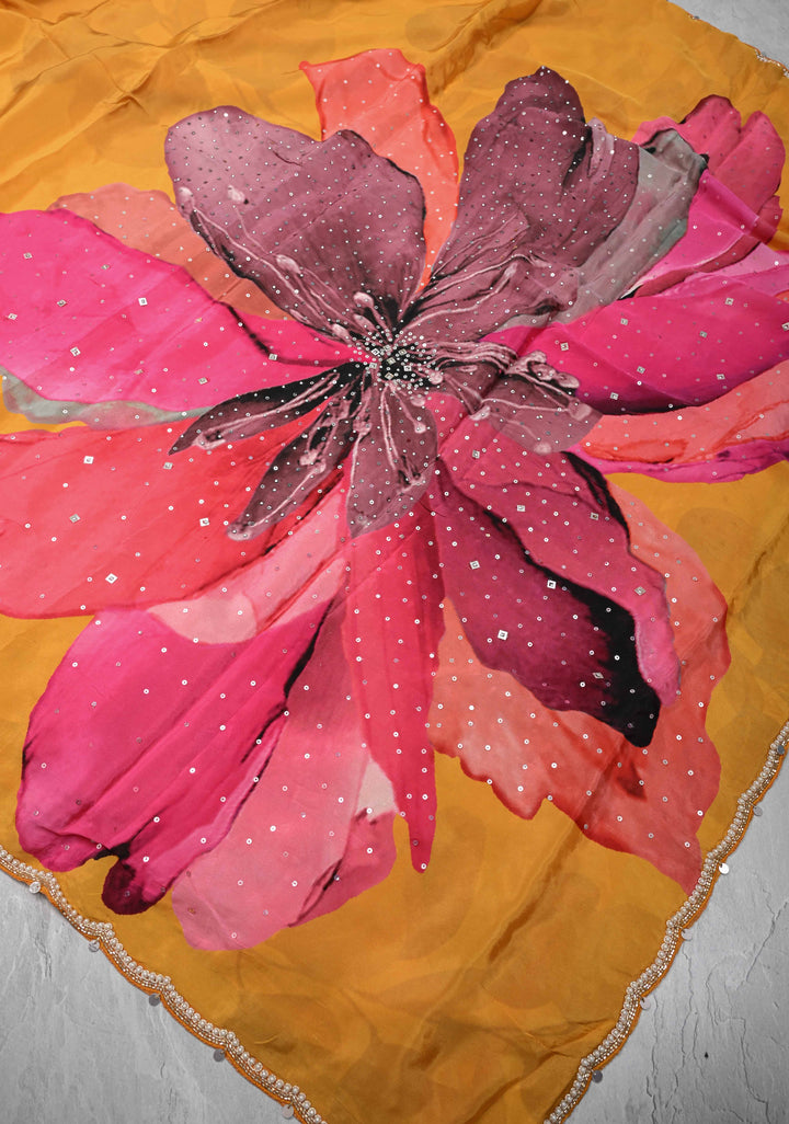 Mustard Yellow Floral Digital Print on Glossy Chinon Saree with Sequins and Cutdana-Moti Scallop Border