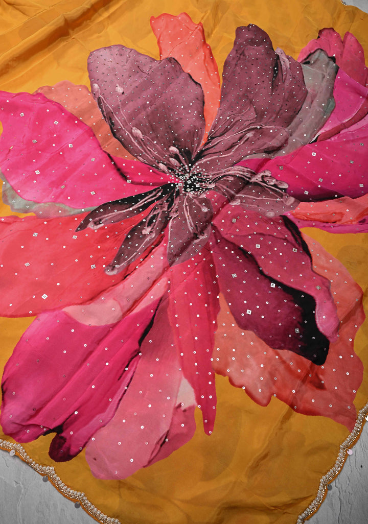 Mustard Yellow Floral Digital Print on Glossy Chinon Saree with Sequins and Cutdana-Moti Scallop Border