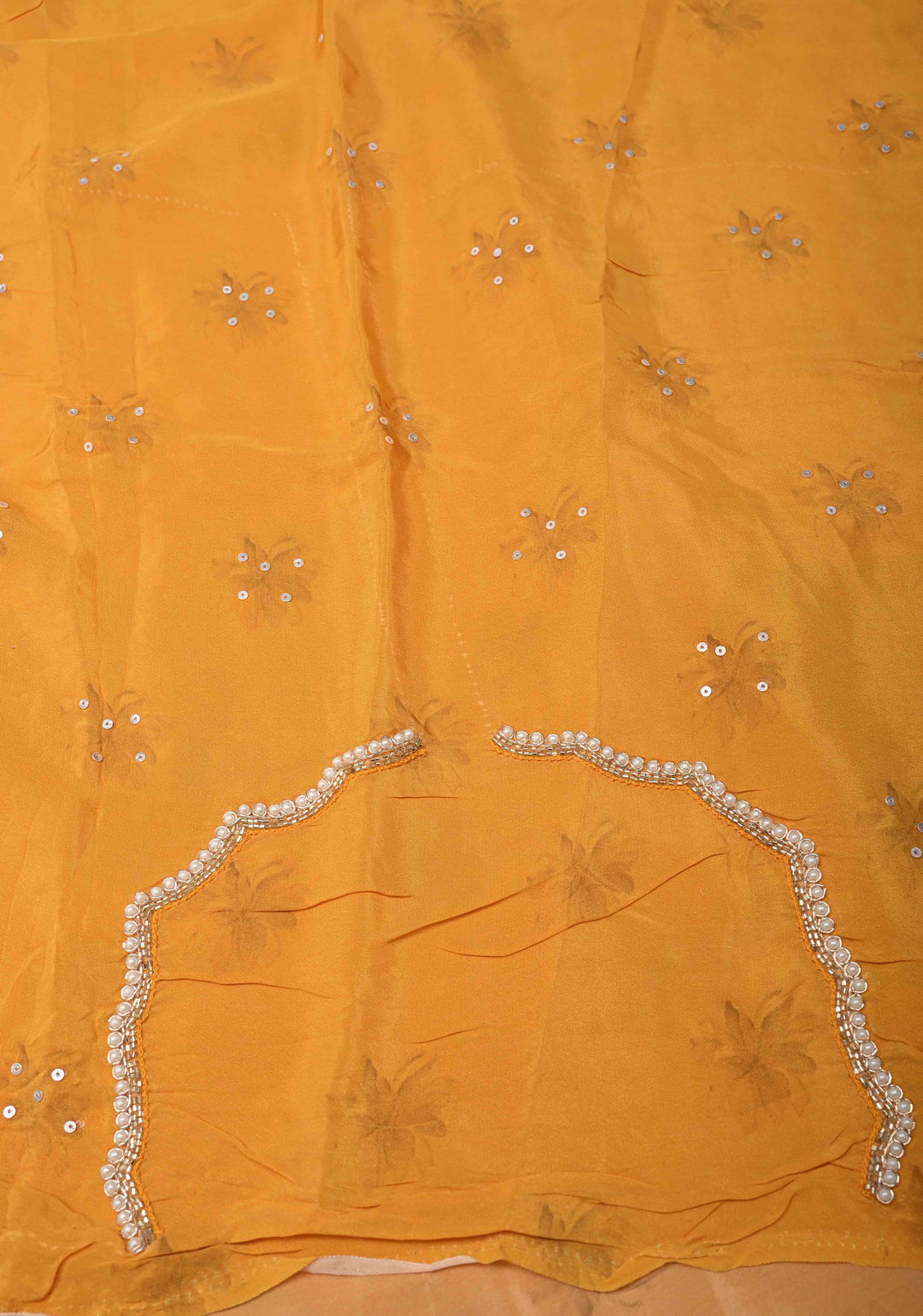 Mustard Yellow Floral Digital Print on Glossy Chinon Saree with Sequins and Cutdana-Moti Scallop Border