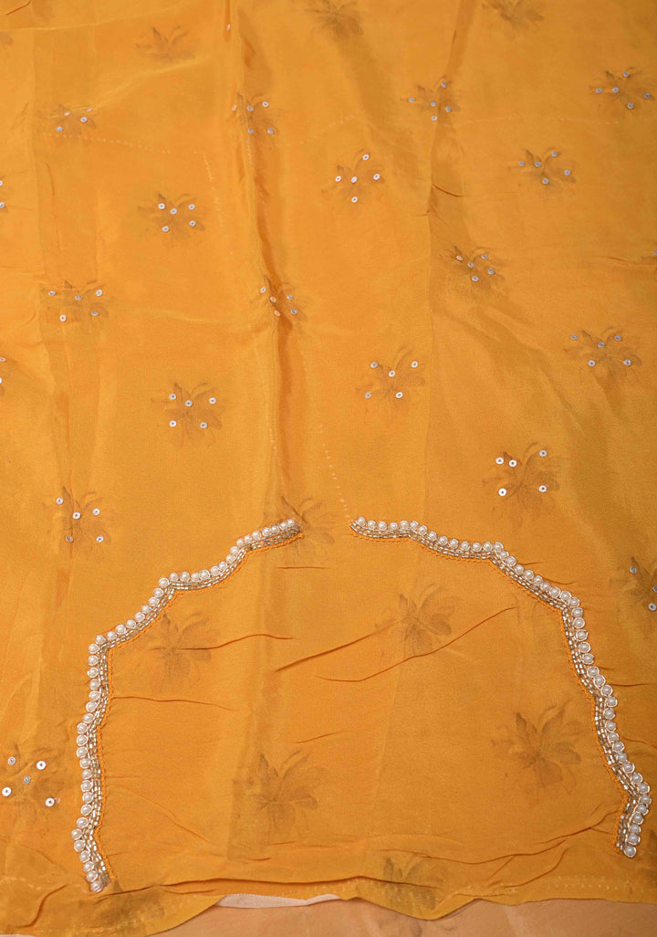Mustard Yellow Floral Digital Print on Glossy Chinon Saree with Sequins and Cutdana-Moti Scallop Border