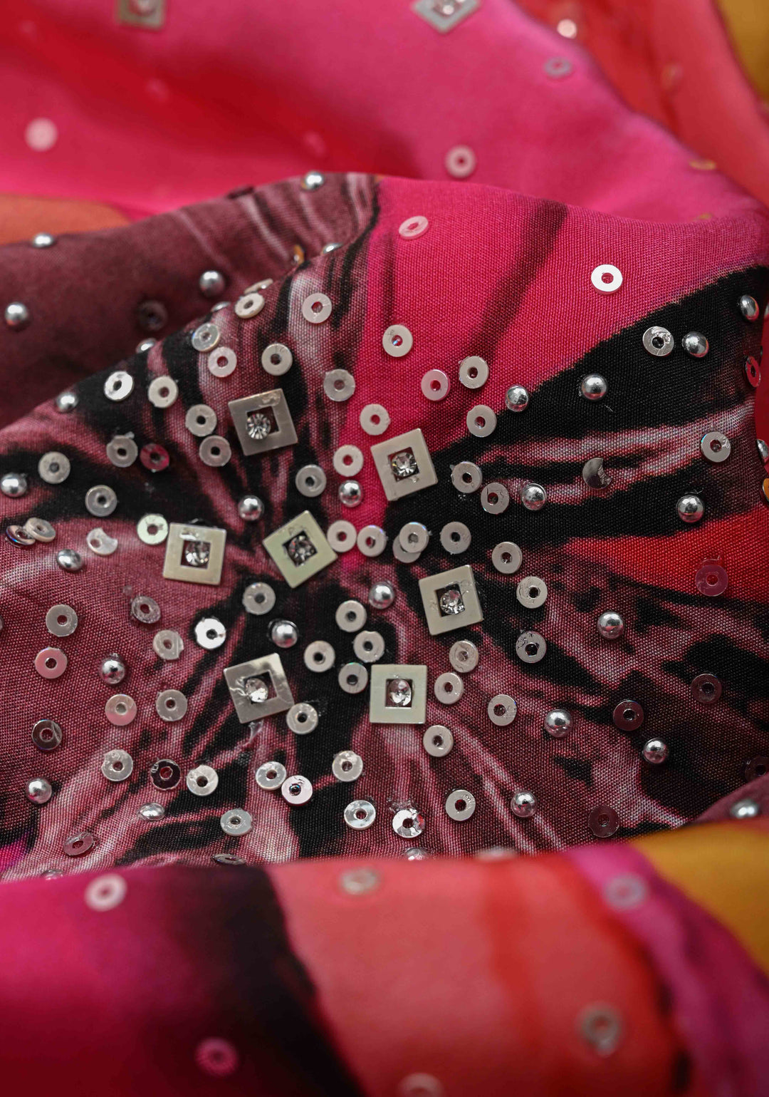 Mustard Yellow Floral Digital Print on Glossy Chinon Saree with Sequins and Cutdana-Moti Scallop Border