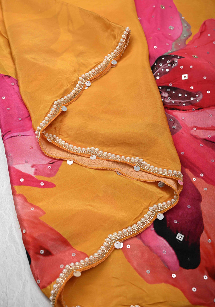 Mustard Yellow Floral Digital Print on Glossy Chinon Saree with Sequins and Cutdana-Moti Scallop Border