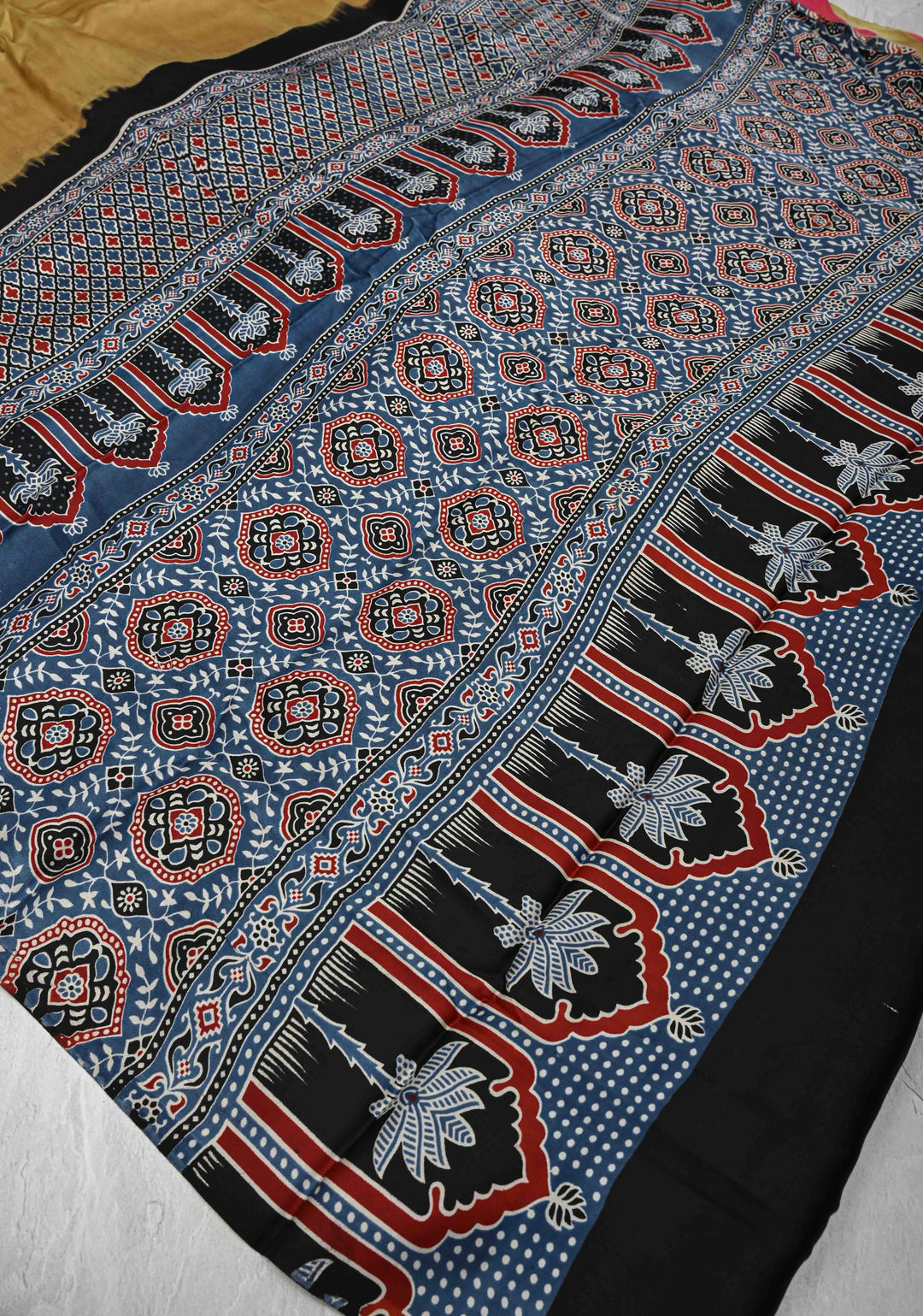 Sand Brown Modal Silk Saree with clamp dye and and Ajrakh Screen Print Pallu