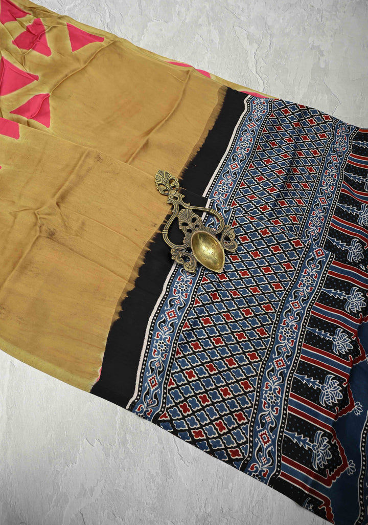 Sand Brown Modal Silk Saree with clamp dye and and Ajrakh Screen Print Pallu