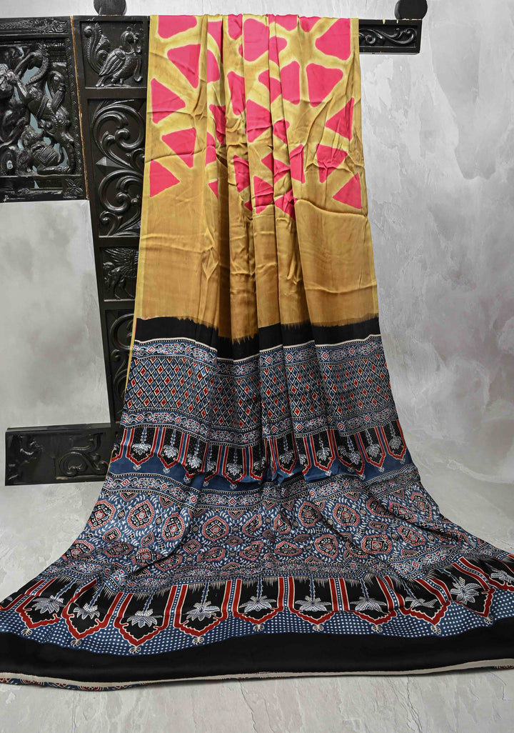 Sand Brown Modal Silk Saree with clamp dye and and Ajrakh Screen Print Pallu