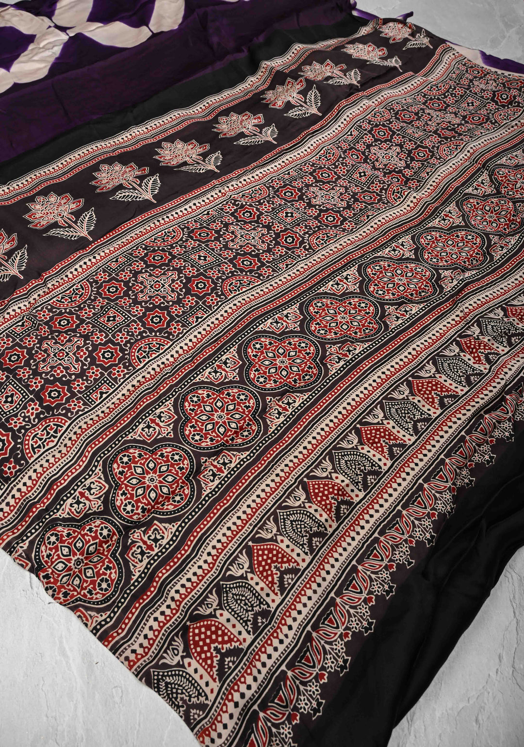 Purple Modal Silk Saree with Clamp Dye and Ajrakh Screen Print Pallu