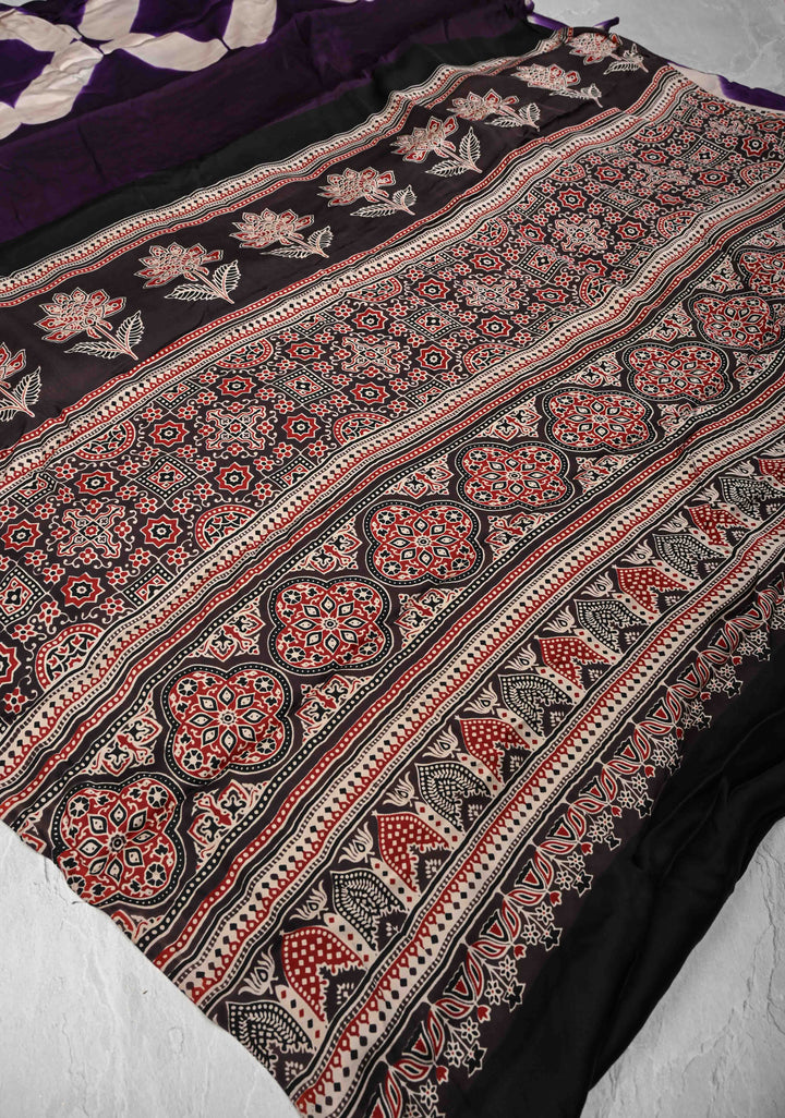 Purple Modal Silk Saree with Clamp Dye and Ajrakh Screen Print Pallu