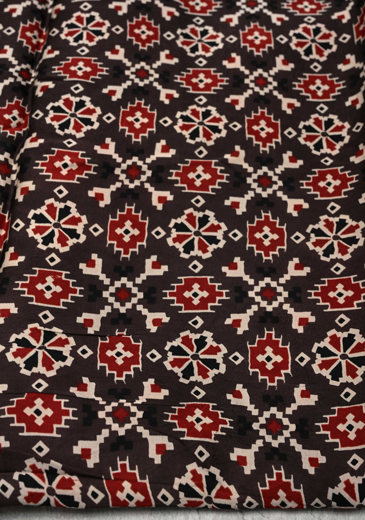 Dark Brown Modal Silk Saree with clamp dye and and Ajrakh Screen Print Pallu