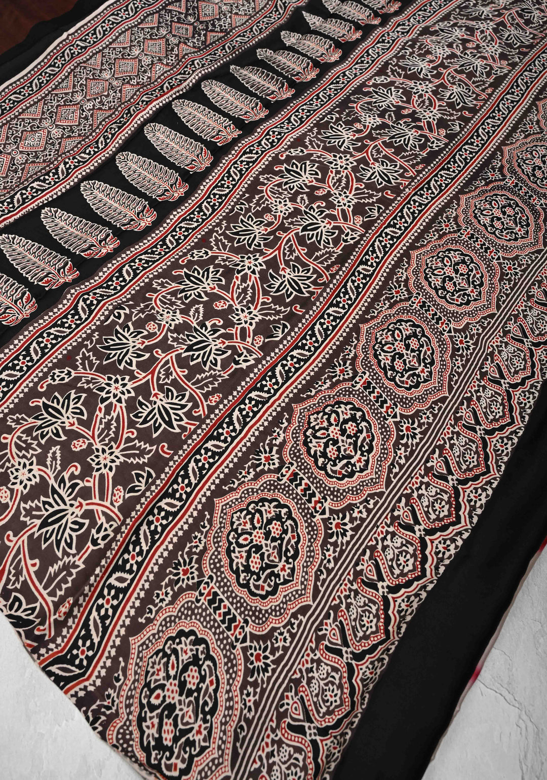Dark Brown Modal Silk Saree with clamp dye and and Ajrakh Screen Print Pallu