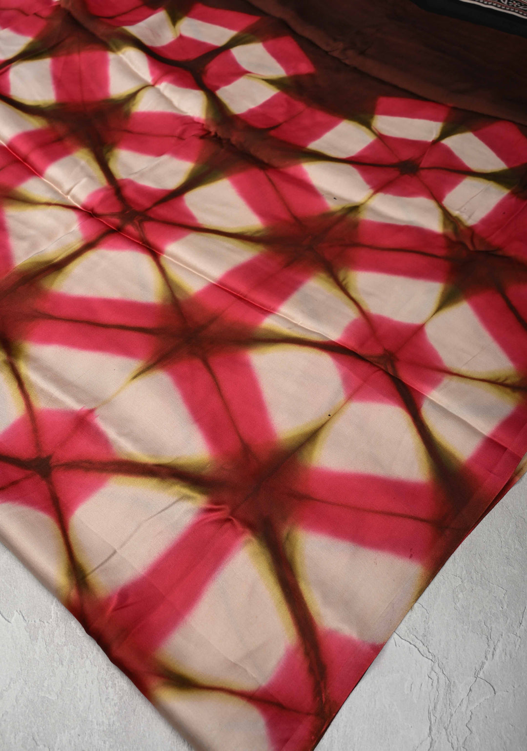 Dark Brown Modal Silk Saree with clamp dye and and Ajrakh Screen Print Pallu