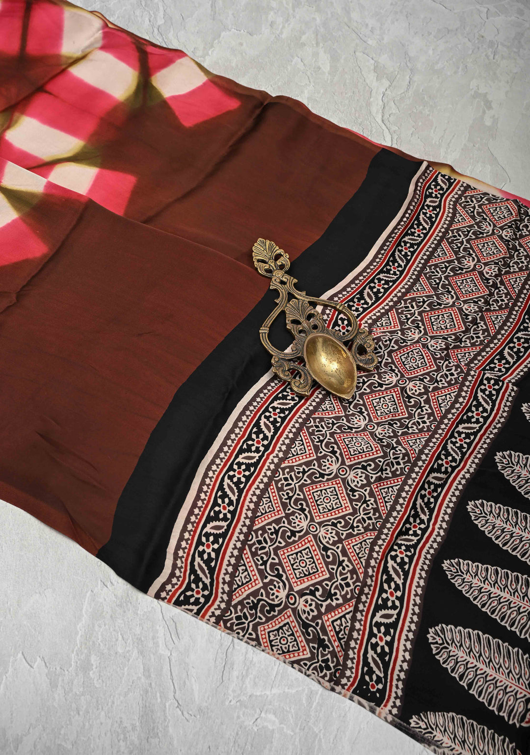 Dark Brown Modal Silk Saree with clamp dye and and Ajrakh Screen Print Pallu