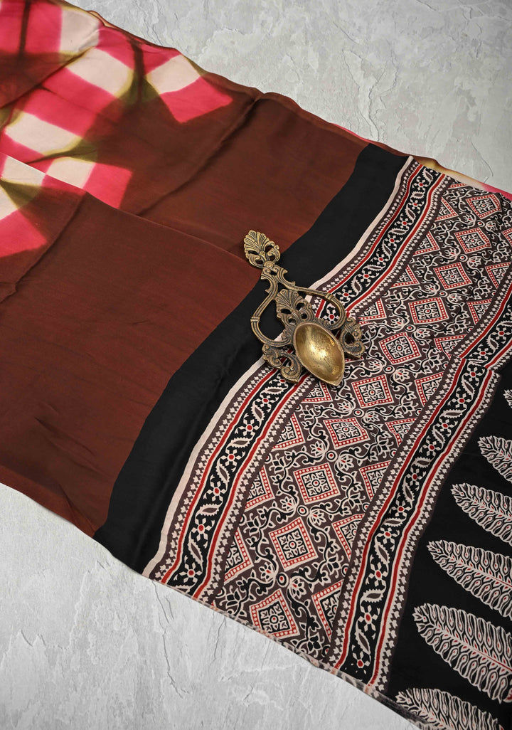 Dark Brown Modal Silk Saree with clamp dye and and Ajrakh Screen Print Pallu