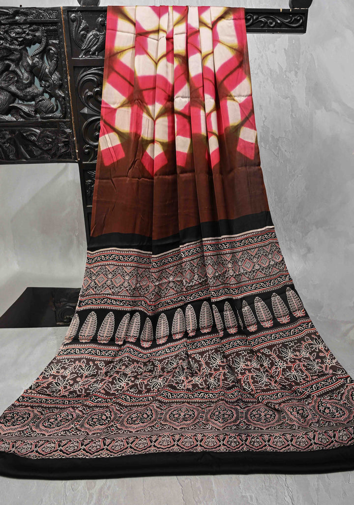 Dark Brown Modal Silk Saree with clamp dye and and Ajrakh Screen Print Pallu
