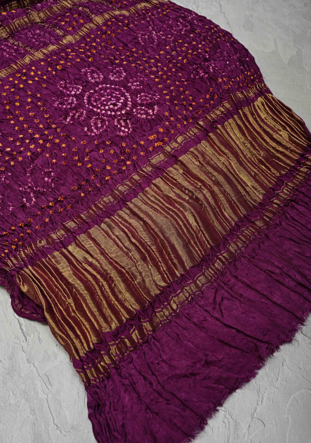Purple Sarkam Bandhej on Art Silk Saree with Gharchola Design and Crushed Pallu