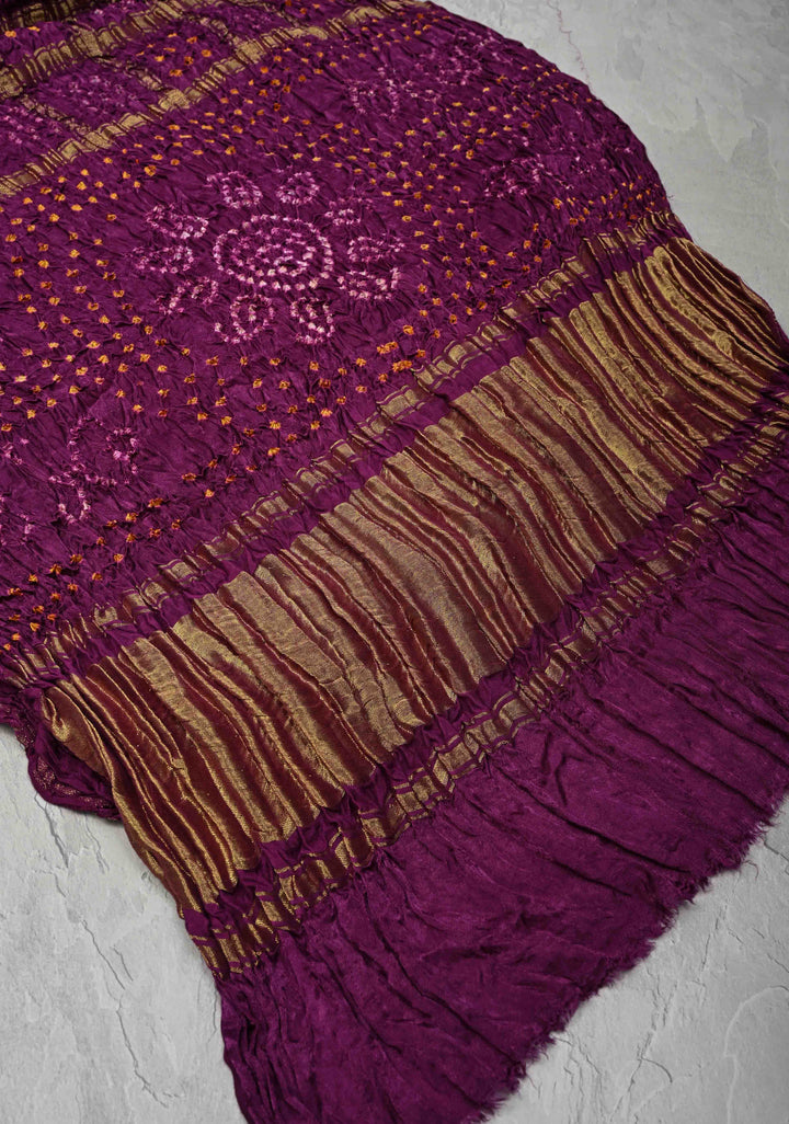 Purple Sarkam Bandhej on Art Silk Saree with Gharchola Design and Crushed Pallu