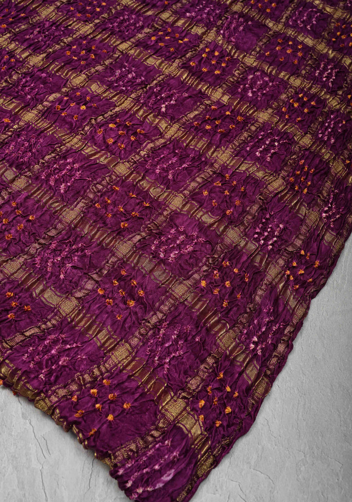 Purple Sarkam Bandhej on Art Silk Saree with Gharchola Design and Crushed Pallu