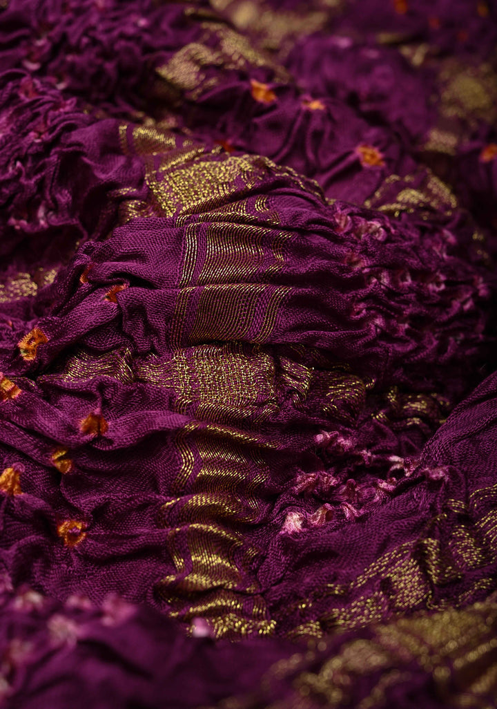 Purple Sarkam Bandhej on Art Silk Saree with Gharchola Design and Crushed Pallu