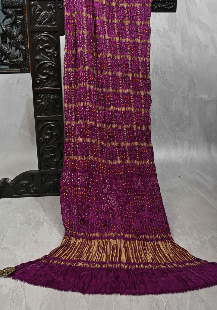 Purple Sarkam Bandhej on Art Silk Saree with Gharchola Design and Crushed Pallu