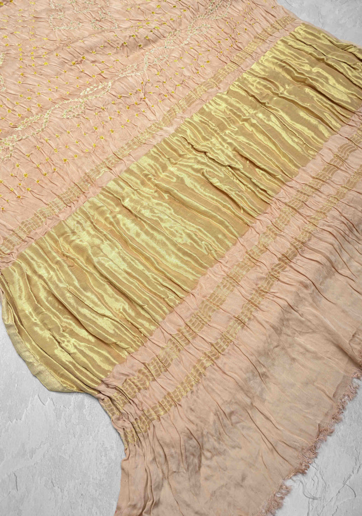 Beige Modal Silk Saree with Sarkam Bandhej with crushed Pallu